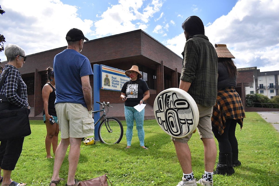 The protest organized by Matriarchs in Training took place outside the Terrace RCMP detachment on Eby st. ( Binny Paul/ Terrace Standard)