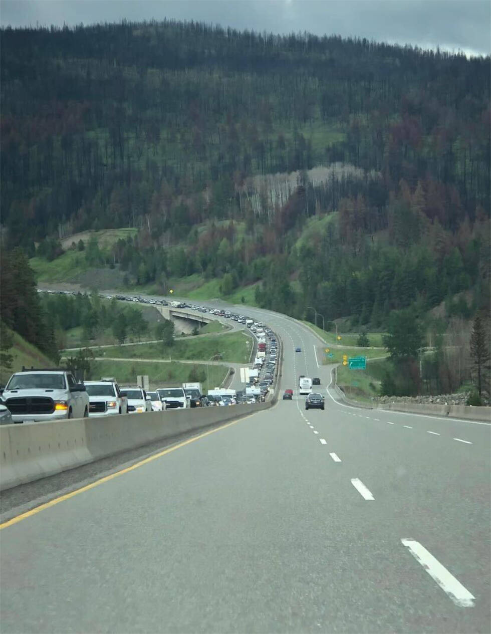 This is the Coquihalla with vehicles lined up to go southbound on Sunday afternoon due to long weekend traffic. (Black Press photo)