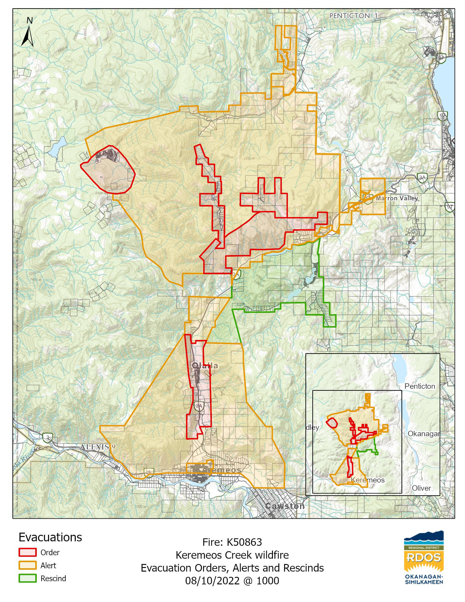 A RDOS map shows where evacuation orders and alerts have been rescinded.