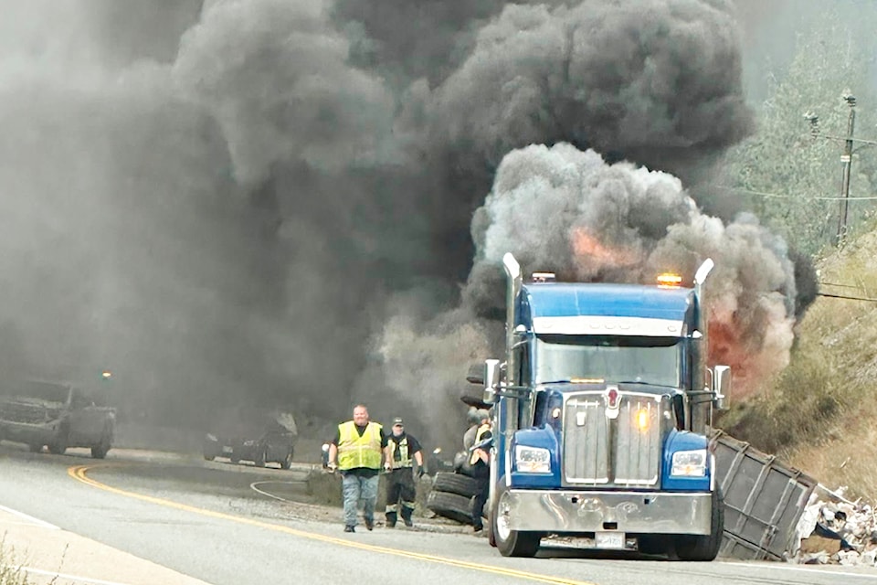 A semi-truck's trailer has caught on fire on Highway 1 near Lytton on July 25. 