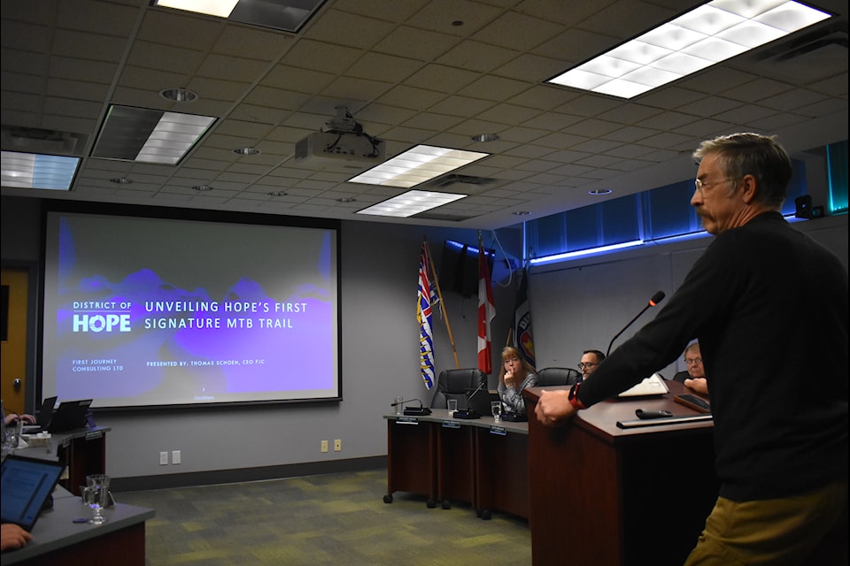 Thomas Schoen, the CEO of First Journey Trails and First Journey Consulting Ltd., updating council about the new signature trail in Hope. 