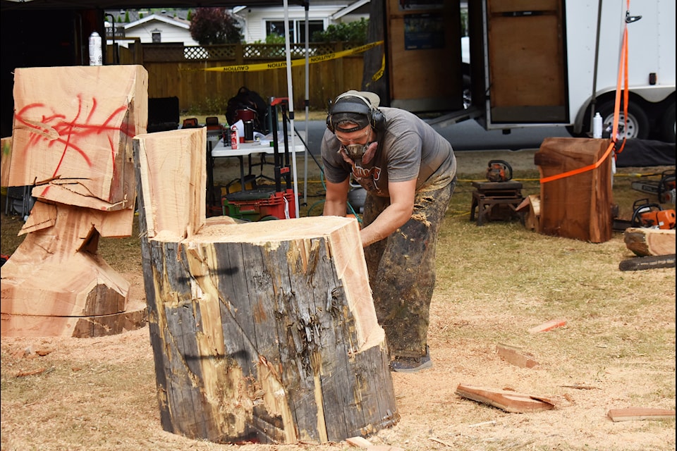 Ryan Villiers working on his carving for the 2025 Hope's World Class Chainsaw Carving event on Aug. 14. 