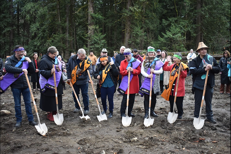 Eight dignitaries from Chawathil First Nation, the District of Hope, BC Housing, Cedar Strong Prevention & Intervention Society, and Fraser Health Authority broke ground, on March 5, 2025, at the future site for the upcoming 56-bed supportive housing project in Hope. 