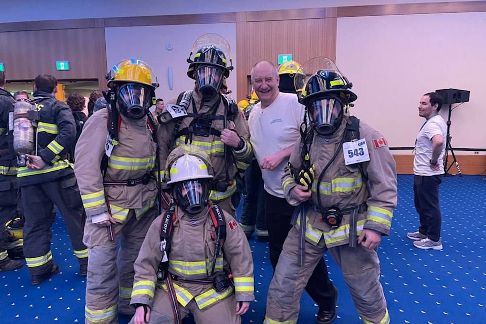 Team Hope Fire at the BC Lung Foundation's 2025 Climb the Wall on March 2, 2025. Pictured in their gear is Moon Pruvost (left), Hope Assistant Chief Caleigh Flynn (middle bottom), Blayne Redman (top middle), and Sean Fetterly (right).