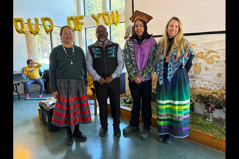Members of School District 78 attended Raoul Peters graduation. From left to right: District Vice-principal Christine Seymour, SD78 Superintendent Balan Moorthy, Raoul Peters, Q'aLaTku7eM Community School Vice-principal Jillian Fraser. 