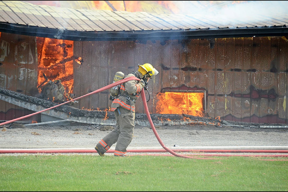Fire destroyed a large chicken barn in Rosedale in Chilliwack on August 7, 2020, (Paul Henderson/ Chilliwack Progress)