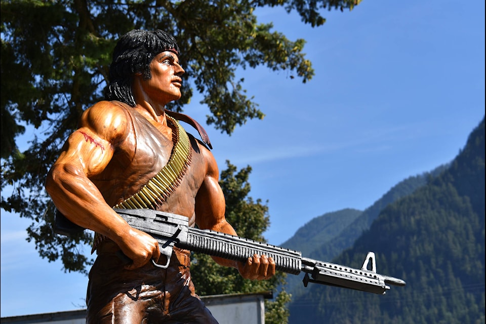 Hope’s first chainsaw carving of John J. Rambo, in red cedar, was installed at Memorial park on Aug. 14, 2020. (Emelie Peacock/Hope Standard)
