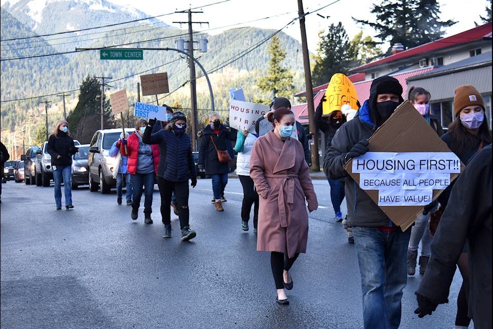 Protesters marched in support of BC Housing’s plans to build supportive housing in Hope on Dec. 4. (Emelie Peacock/Hope Standard)