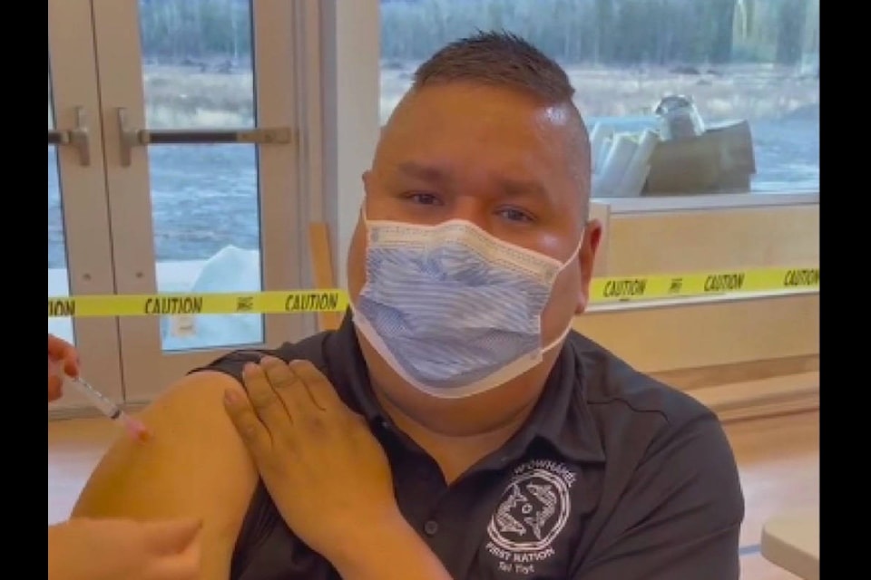 Shane James, Shxwowhamel First Nation chief administrative officer, receives his first dose of the Moderna COVID-19 vaccine. Fraser Health and First Nations Health Authority staff distributed approximately 80 doses of the vaccine. (Screenshot/Shane James)