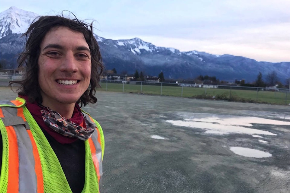 Iliajah Pidskalny has been riding from Saskatchewan to Vancouver to raise awareness and funds for change in drug policies and mental health help. Having passed through Hope this week, He is pictured here outside of Agassiz on Wednesday and expects to complete his journey to Vancouver on Friday. (Contributed Photo/Iliajah Pidskalny)