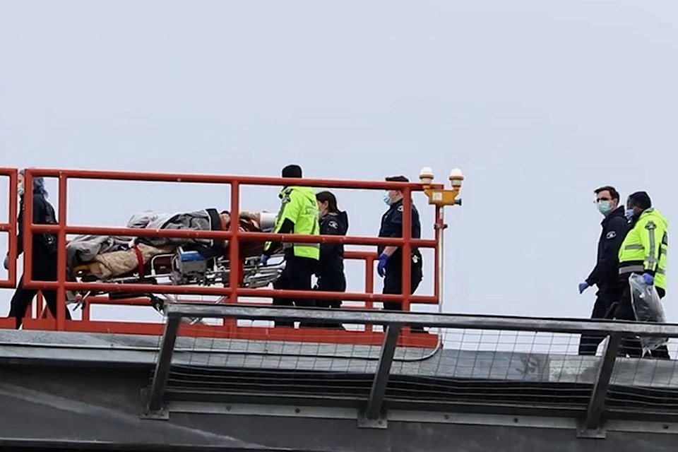 One of two critically injured patients from a fatal crash on the Coquihalla on Feb. 10, 2021 arrive by air ambulance to Royal Columbian Hospital later in the day. (Shane MacKichan photo)