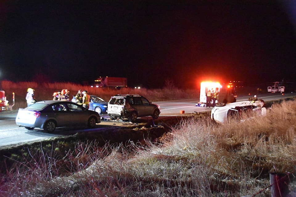 Emergency crews were called to a multi-vehicle crash eastbound on the Trans-Canada Highway, just east of 264th Street in Langley, around 8:30 p.m. on Monday, March 8, 2021. (Curtis Kreklau/Special to Langley Advance Times)