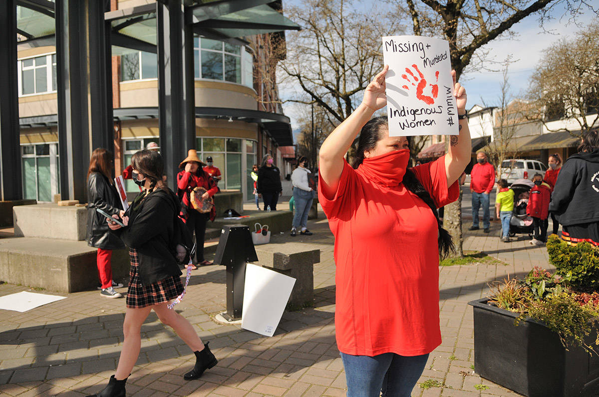 Tanya Sanford was one of about 30 people who gathered at Five Corners in Chilliwack on Saturday, March 13, 2021 for MMIW Takes Back Canada, a nationwide endeavour to draw attention to the issue of missing and murdered Indigenous women. She helped organize the event in Chilliwack. (Jenna Hauck/ Chilliwack Progress)