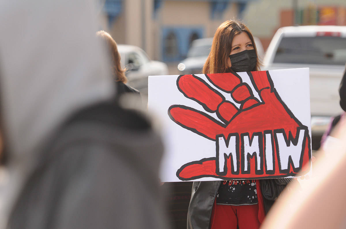 Chief Brenda Wallace of Soowahlie First Nation was one of about 30 people who gathered at Five Corners in Chilliwack on Saturday, March 13, 2021 for MMIW Takes Back Canada, a nationwide endeavour to draw attention to the issue of missing and murdered Indigenous women. (Jenna Hauck/ Chilliwack Progress)