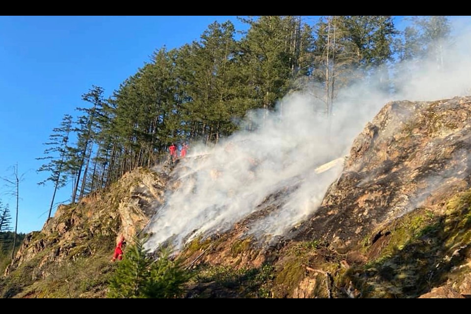 Firefighters battled a wildfire on Mount Woodside near Harrison Mills on Wednesday, April 14. Seabird Island and B.C. Wildfire Service firefighters helped keep the blaze from spreading to brush, keeping it to roughly half a hectare. (Photo/Agassiz Fire Department)