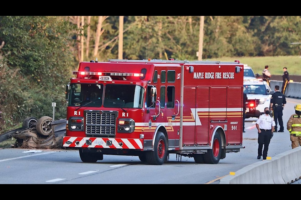 One person was airlifted to hospital after a single-vehicle rollover crash in the 25400 block of Lougheed Highway, near Spilsbury Street, on Aug. 31, 2021. (Shane MacKichan/Special to The News)