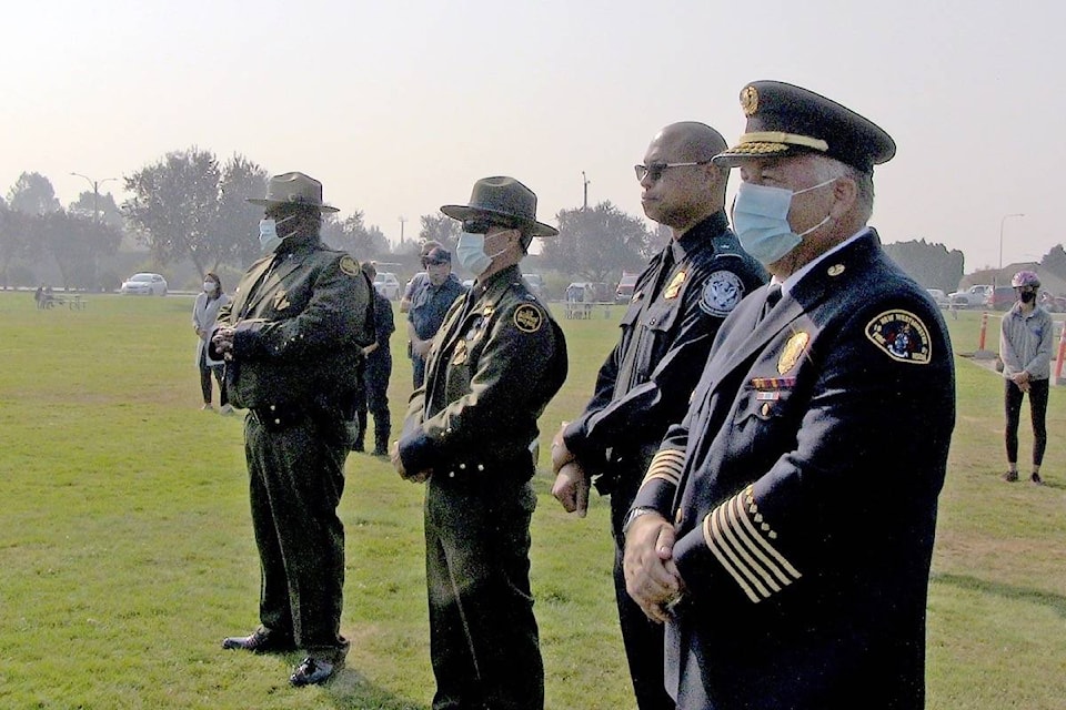 U.S. and Canadian officials gathered at Peace Arch Park on Sept. 11, 2020 to pay tribute to those who lost their lives in the 2001 terrorist attacks. (John Kageorge photo)