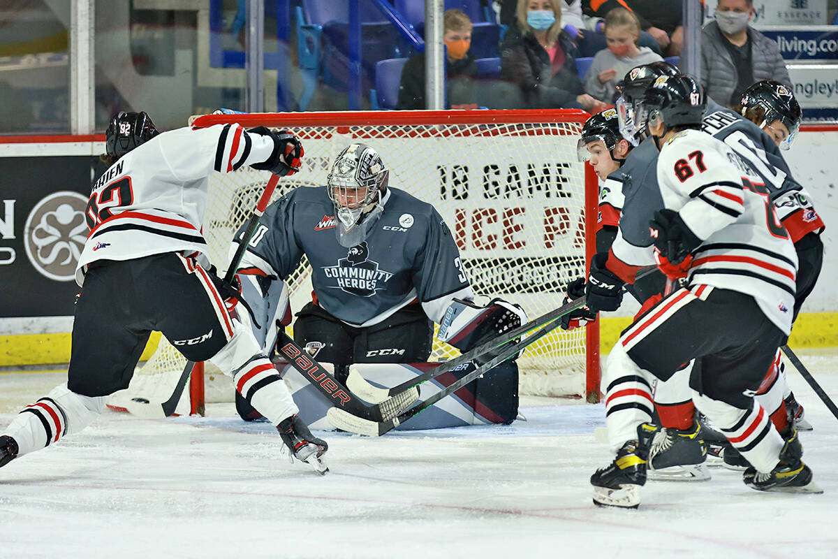 Jesper Vikmans 39 saves Saturday night, Nov. 6, for the Giants were a new season high. His record now sits at 5-1-1-0 with a 2.70 goals-against average and a .909 save percentage. (Rob Wilton/Special to Langley Advance Times)