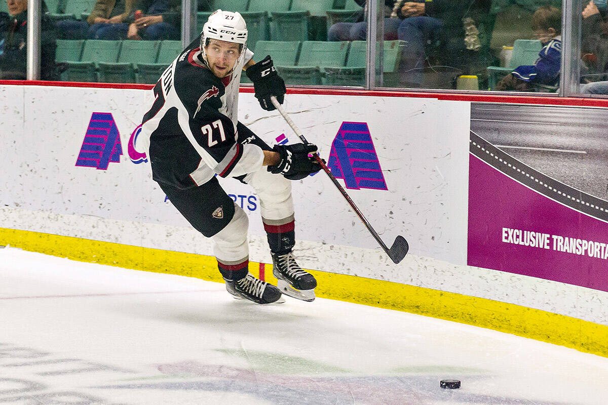 Defenceman Alex Cotton made his debut as a Giant in Prince George Tuesday.Nov. 9. (James Doyle/Special to Langley Advance Times)