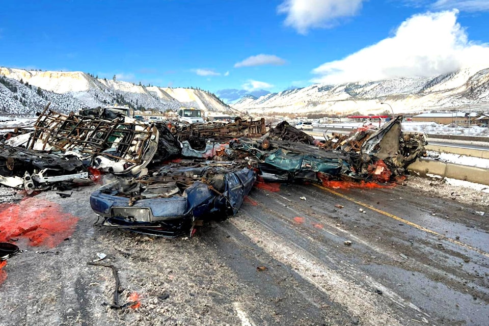 A semi-truck lost a load of crushed cars on the Trans Canada Highway near Kamloops Thursday morning. (A&M Towing)