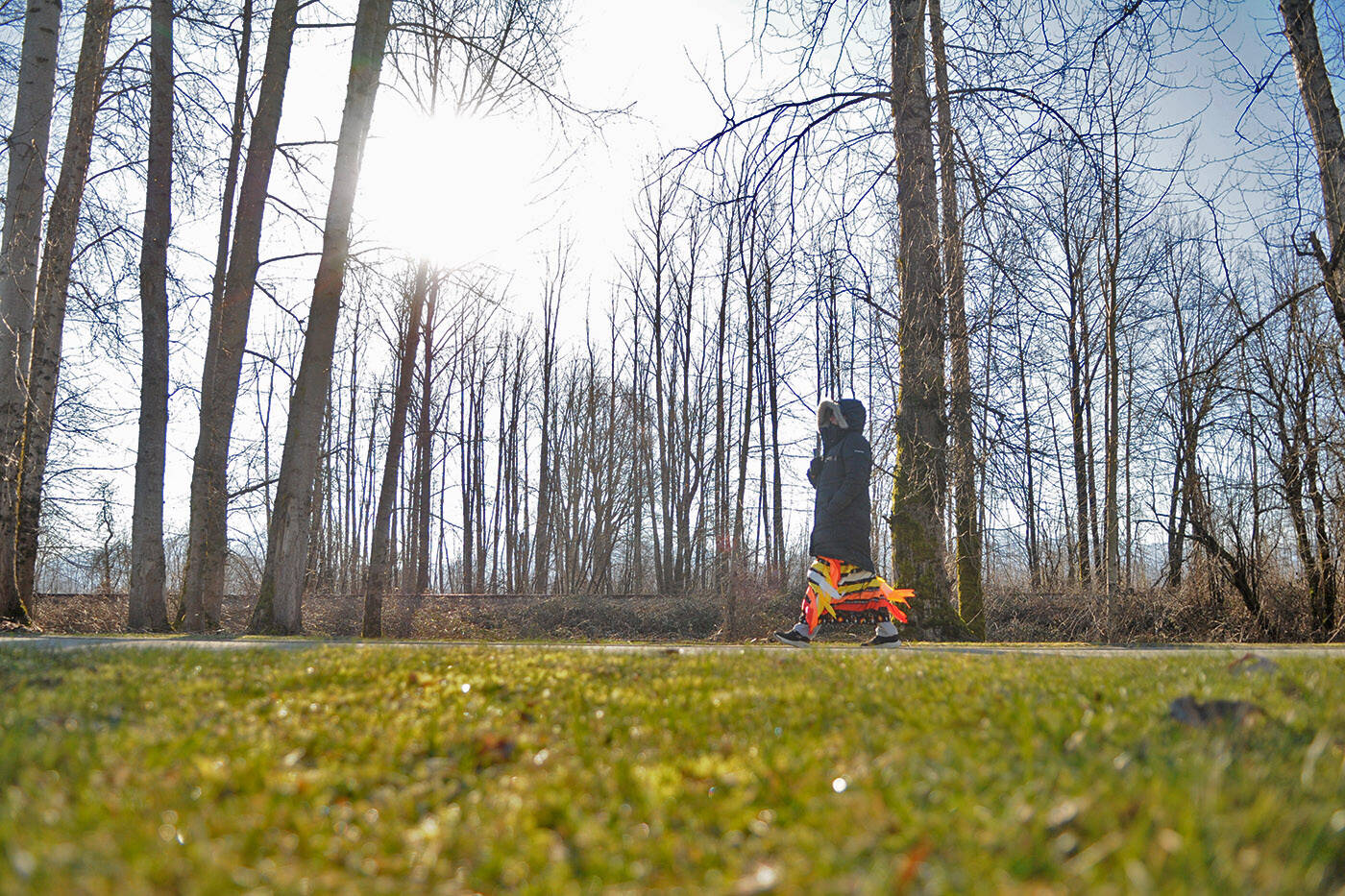Krista Fox starts her 17.5-kilometre journey from Squiala First Nation to Cheam First Nation as part of a cross-Canada walk on Friday, Feb. 25, 2022. She, along with Lindsey Bishop, both of Saskatchewan, are doing the 7,426-kilometre walk to raise awareness for missing and murdered Indigenous women. (Jenna Hauck/ Chilliwack Progress)
