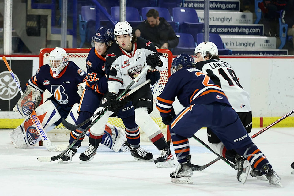 Friday evening, March 4, at the Langley Events Centre, the Vancouver Giants (20-26-3-0) dropped a 4-3 overtime decision to the Kamloops Blazers (38-14-2-0). (Rob Wilton/Special to Langley Advance Times)
