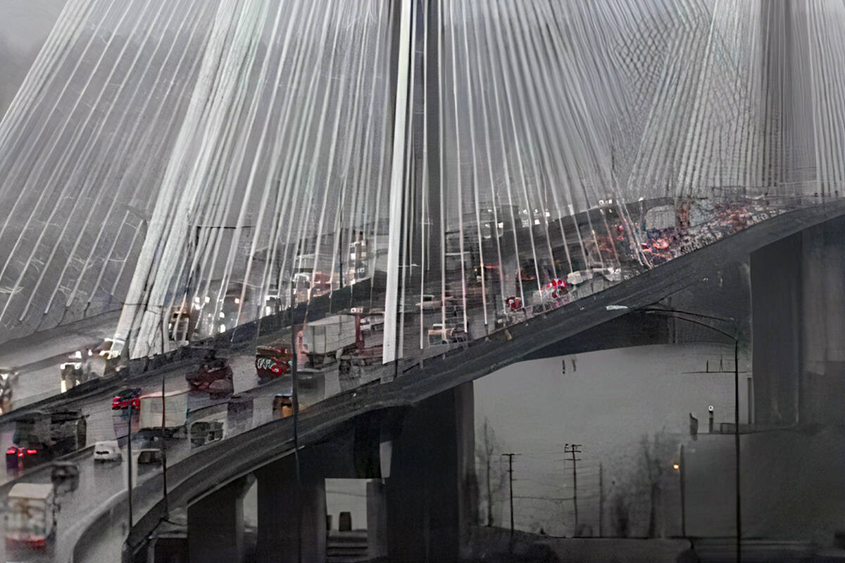 A long lineup of truckers headed west on Highway 1, slowing morning rush hour traffic, on Monday morning, March 14. (DriveBC image)