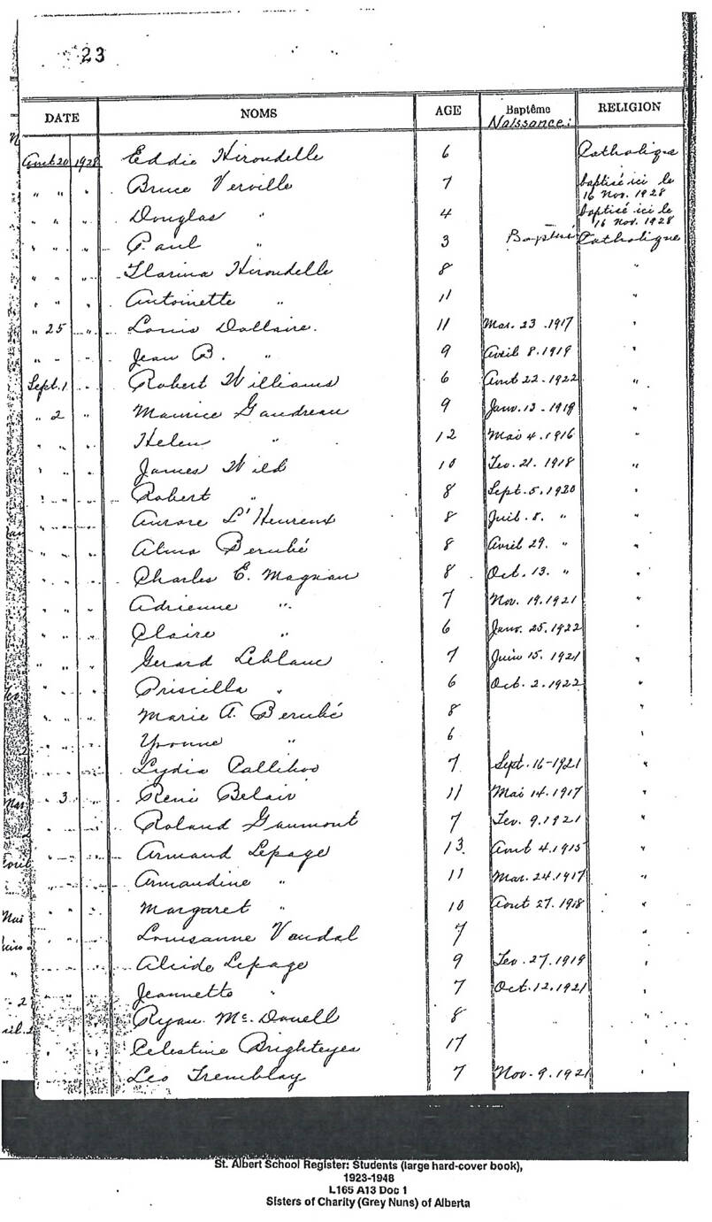 A student registry for Youville Residential School in St. Albert, Alta. Douglas Vervilles name and age are third from the top between his brothers Paul and Bruce. Document courtesy National Centre for Truth and Reconciliation