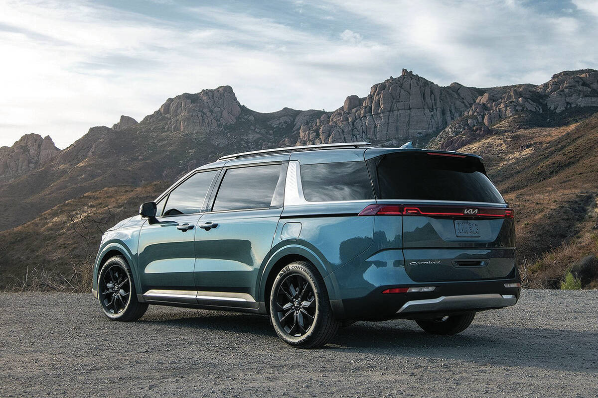 The wide rear pillar and the shorter section of side glass give the impression the Carnival is as much utility vehicle as minivan. Thats not the case, however, as the Carnival does not offer all-wheel-drive. PHOTO: KIA