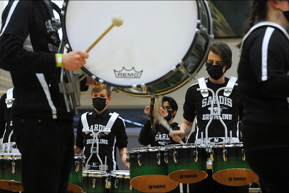 The Sardis Secondary senior drumline performs in the intermediate class of the Canadian Drumline Association’s B.C. provincial championships at Sardis Secondary School on Friday, May 6, 2022. (Jenna Hauck/ Chilliwack Progress)