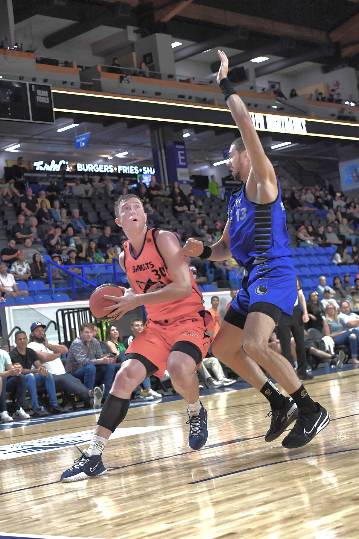 Bandits Thomas Kennedy takes aim during Friday, July 15 action against Guelph at the Langley events centre. (Canadian Elite Basketball League CEBL)