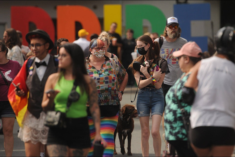 People take part in the fourth annual Chilliwack Pride Festival in downtown Chilliwack on Sunday, Aug. 21, 2022. (Jenna Hauck/ Chilliwack Progress)