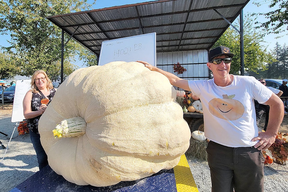 Joanne and Trevor Halliday from Maple Ridge took second and third at the Giant Pumpkin Weigh-Off at Langley’s Krause Berry Farm on Saturday, Oct. 8. (Dan Ferguson/Langley Advance Times)