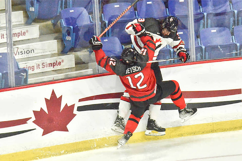 For the first time in nine games, overtime was needed to determine a winner at the World U-17 Hockey Challenge being co-hosted by Langley Events Centre and Sungod Arena. Canada Red downed Canada White 4-3 on Sunday, Nov. 6. (Langley Events Centre/Special to Langley Advance Times)