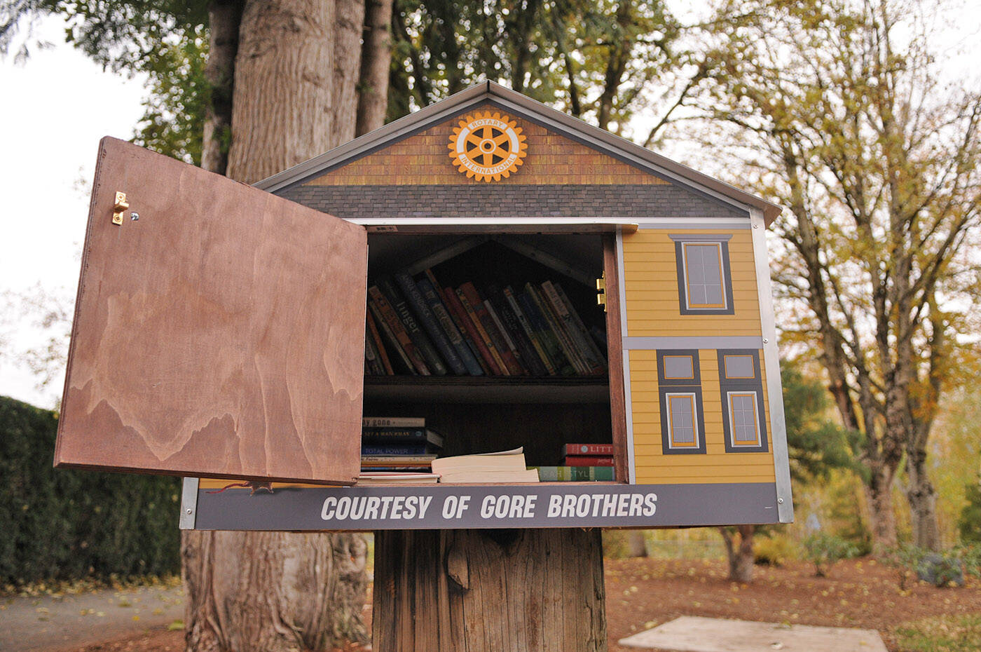 The five book houses with murals on them were unveiled at Fairfield Park in Chilliwack on Thursday, Nov. 10, 2022. (Jenna Hauck/ Chilliwack Progress)