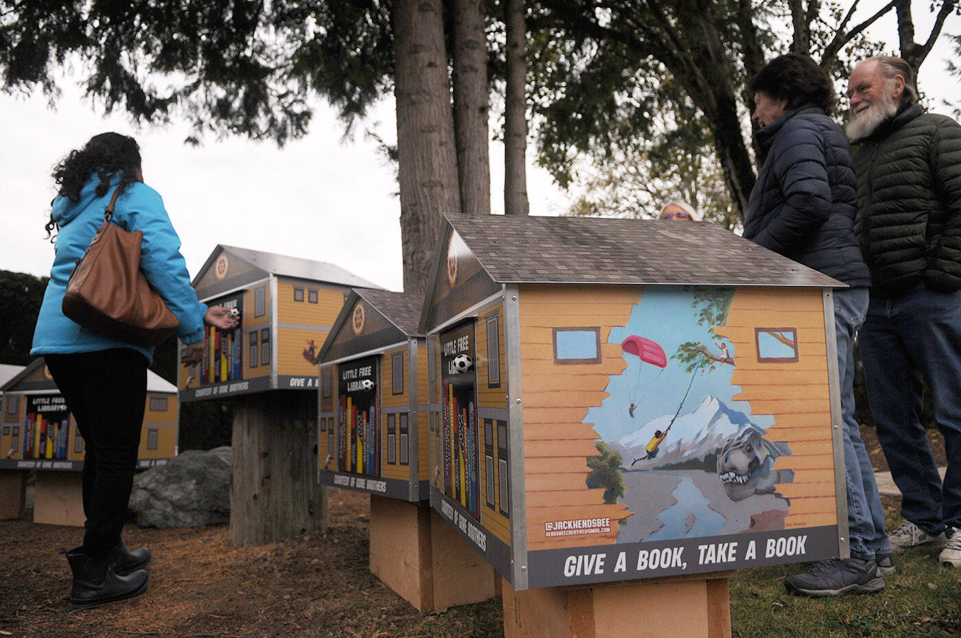The five book houses with murals on them were unveiled at Fairfield Park in Chilliwack on Thursday, Nov. 10, 2022. (Jenna Hauck/ Chilliwack Progress)