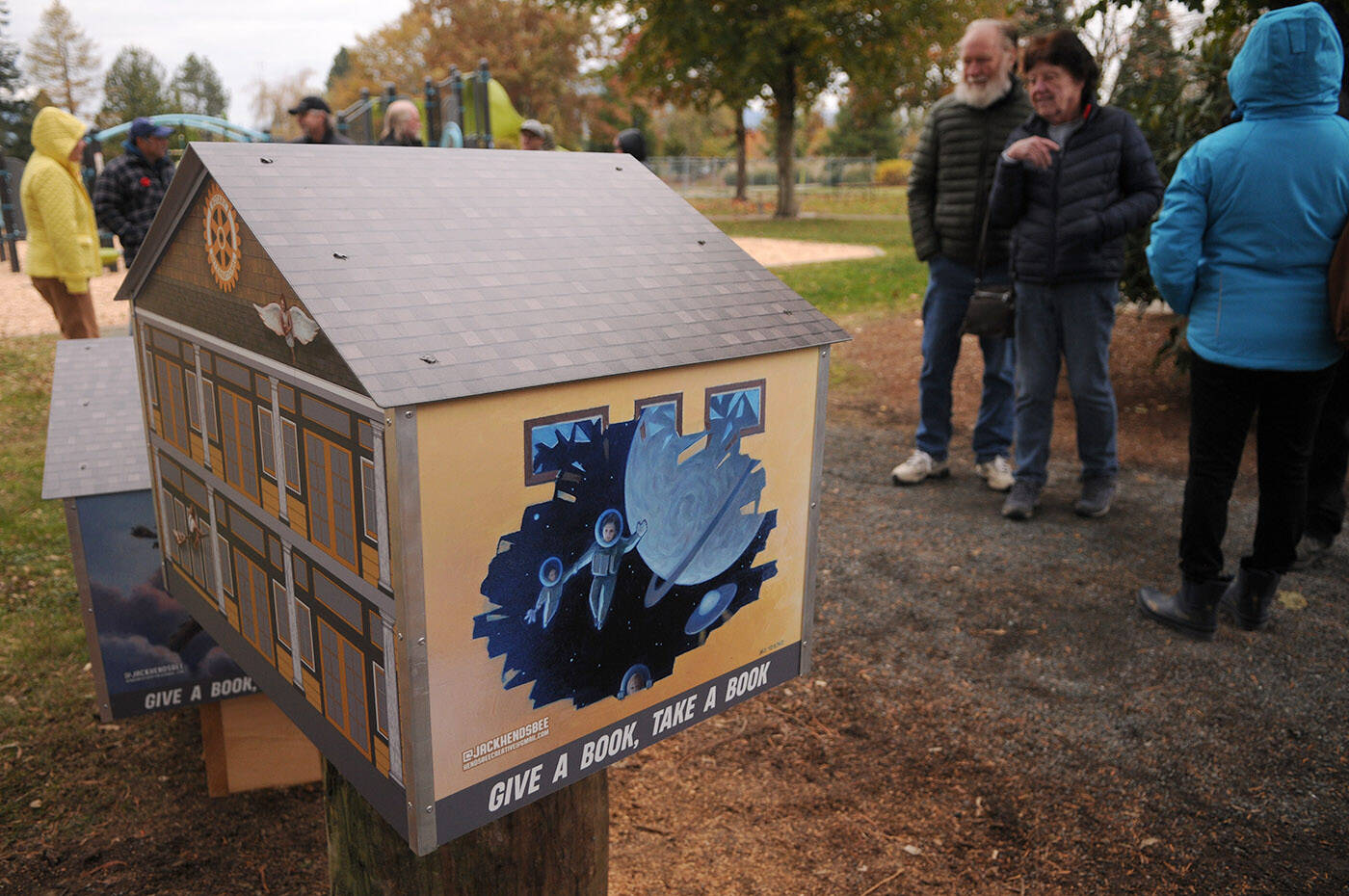 The five book houses with murals on them were unveiled at Fairfield Park in Chilliwack on Thursday, Nov. 10, 2022. (Jenna Hauck/ Chilliwack Progress)