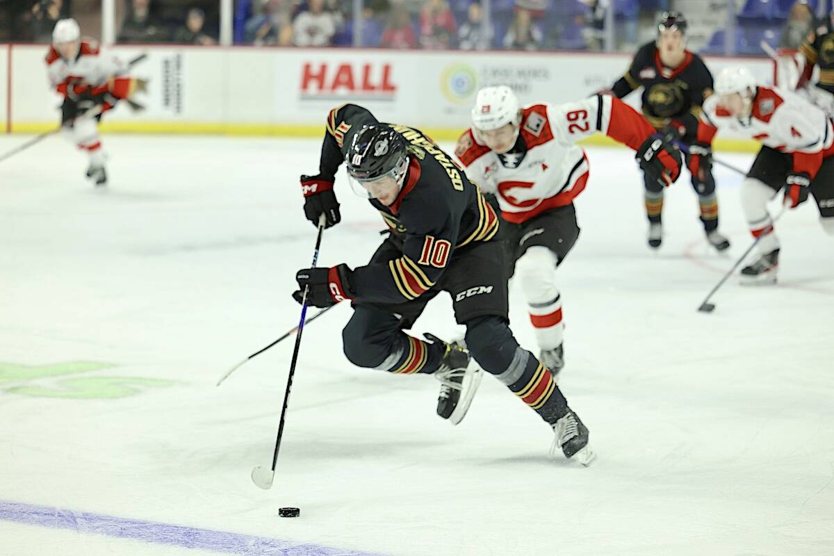A rebound from a Zack Ostapchuk shot provided Vancouver Giants with their first goal against the Prince George Cougars Sunday afternoon, Dec. 4, before 2,908 fans at Langley Events Centre. (Rob Wilton/Vancouver Giants)