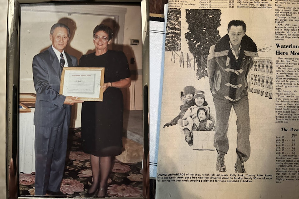 (right) Ed being awarded an Outstanding Service Award from Softball BC; (left) Ed pulling his sons and their friends in the snow. (Kim Araki)
