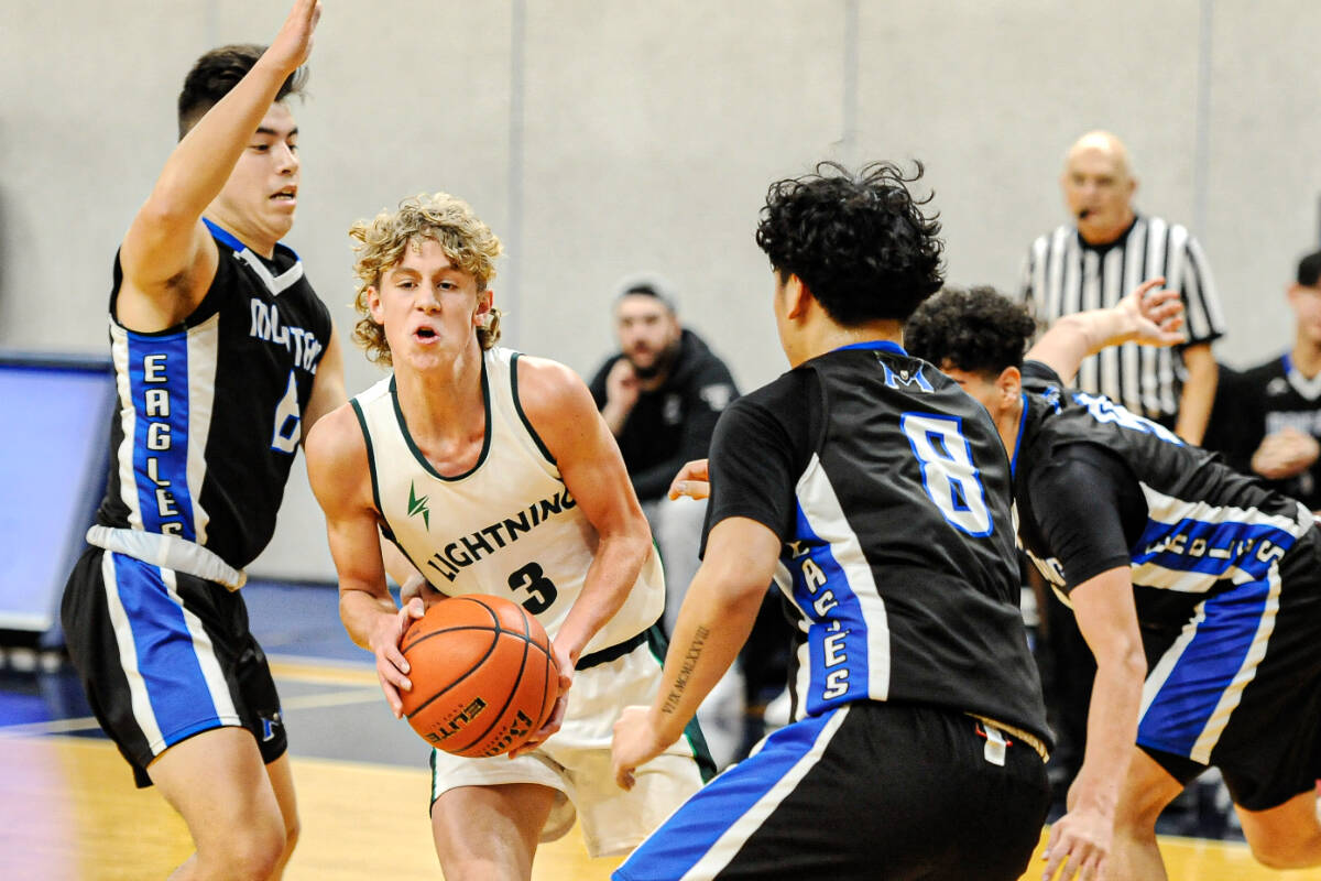 Langley Christian Lightning struck quickly and often in opening the game on a 12-0 run against the R.E. Mountain Eagles in the championship final of Draw 3 at the Tsumura Basketball Invitational on Friday morning at Langley Events Centre. They went on to win 72-64. (Langley Events Centre)