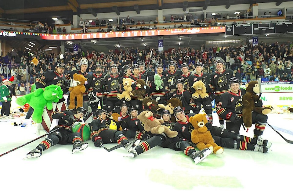 A near-capacity crowd of 5,021 turned out for Chevrolet Teddy Bear Toss night at the Langley Events Centre on Saturday, Dec. 10. Dylan Anderson scored the Teddy Bear goal and Brenden Pentecost sniped home the winner shorthanded in overtime. (Rob Wilton/Special to Langley Advance Times)