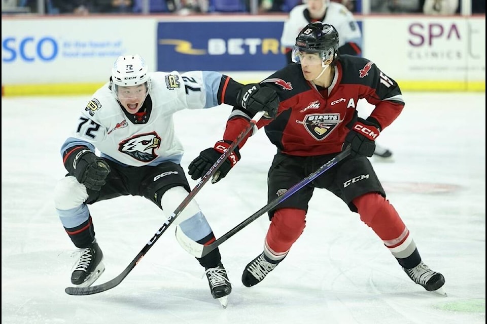 A shorthanded Giants roster made a valiant effort against the first-place Portland Winterhawks, but Portland came away with a 2-1 win on Friday, Dec. 16 at Langley Events Centre. (Rob Wilton/Vancouver Giants)