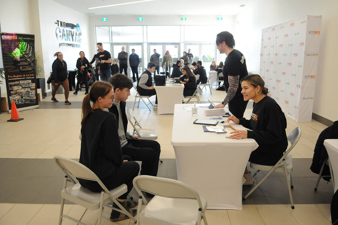 People were lined up on Saturday, Jan. 14, 2023 to pre-register for the newest Club16 Trevor Linden Fitness location at Cottonwood Centre. (Jenna Hauck/ Chilliwack Progress)