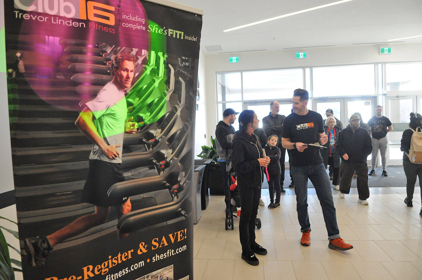 People were lined up on Saturday, Jan. 14, 2023 to pre-register for the newest Club16 Trevor Linden Fitness location at Cottonwood Centre. (Jenna Hauck/ Chilliwack Progress)