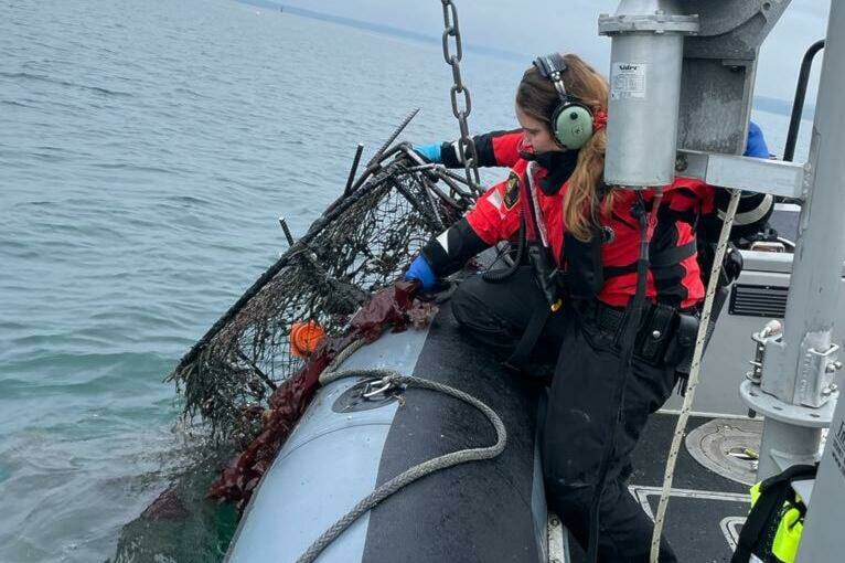 Fisheries and Oceans Canada officers worked with the Canadian Coast Guard last week to crack down on illegal crab traps in Boundary Bay. Officers seized 270 traps, averaging 60 a day during the five-day operation. (DFO photo)