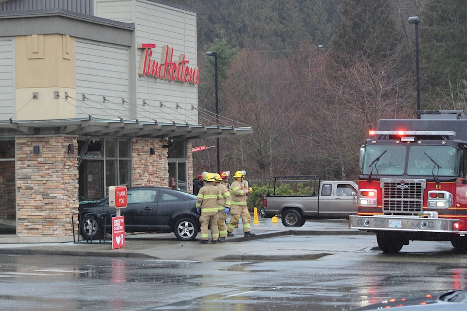 A car crashed into a Tim Hortons on Sunday afternoon (Feb. 12) in Mission. The fire department, paramedic and Mission RCMP attended the scene and the vehicle was removed. /Dillon White Photo