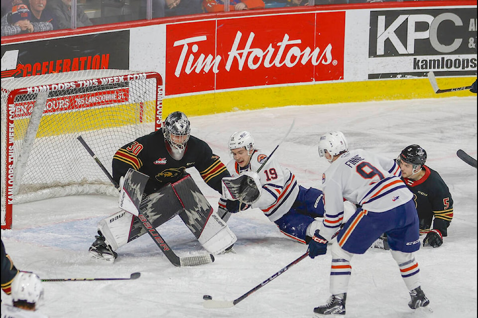 Vancouver Giants netminder Jesper Vikman stopped 38 shots, but his teammates couldn’t get past his Kamloops Blazers counterpart Matthew Kieper Saturday night, March 11, at the Sandman Centre, as the B.C. Division leaders overwhelmed Vancouver 6-0. (Allen Douglas/Special to Langley Advance Times)