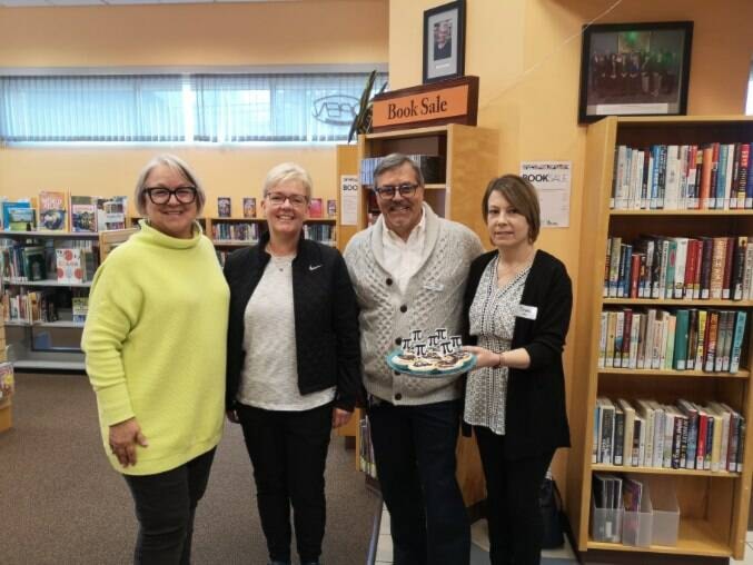 MLA Jackie Tegart at the library for Pie Day where all the pies are 3.14 calories. She is standing with Coun. Pauline Newbigging, Electoral B Director Peter Adamo, and the Hope Library Supervisor Claire MacDonald. (submitted photo)