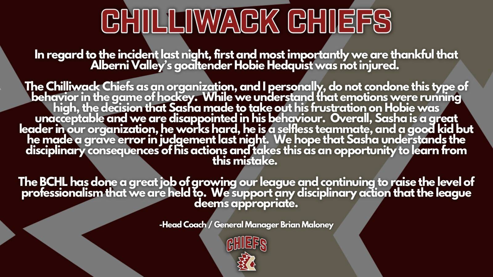 Chilliwack Chiefs forward Sasha Teleguine apologizes for on-ice