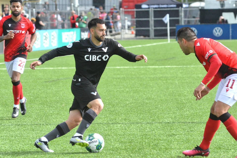 Vancouver FC fought Calgary Cavalry to a 1-1 draw at the very first home game held at the team’s just-completed new stadium in Langley. (Dan Ferguson/Langley Advance Times)